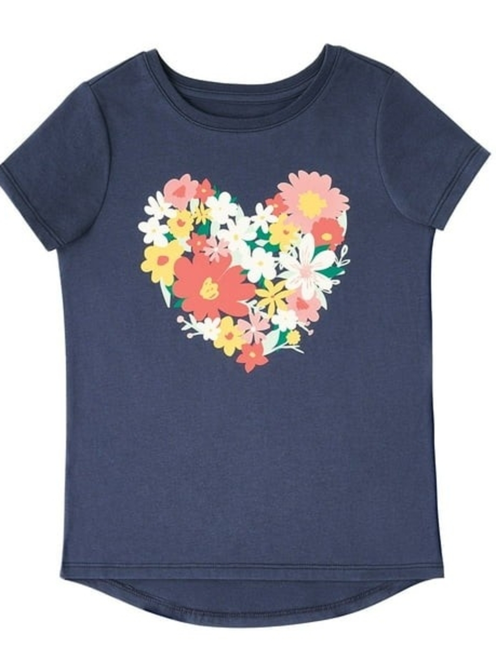 Girls' Navy Short Sleeve Tee with Floral Heart Graphic